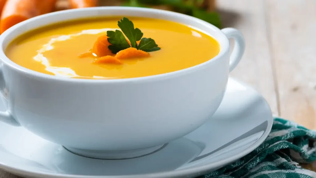 Caldo de mandioca servido em bowl branco com cenoura e folhas verdes em cima