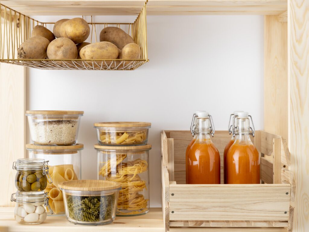 Armário de cozinha organizado com aramados, cestos, potes e garrafas