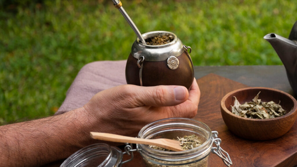 Pessoa segurando um chimarrão na cuia