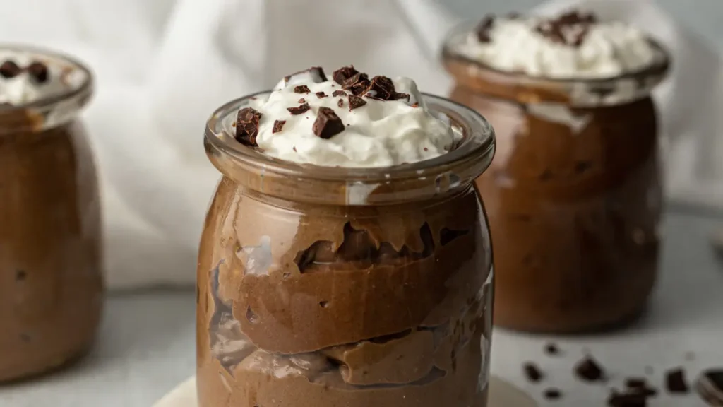 Danete caseiro em pote de vidro finalizado com chantilly e raspas de chocolate