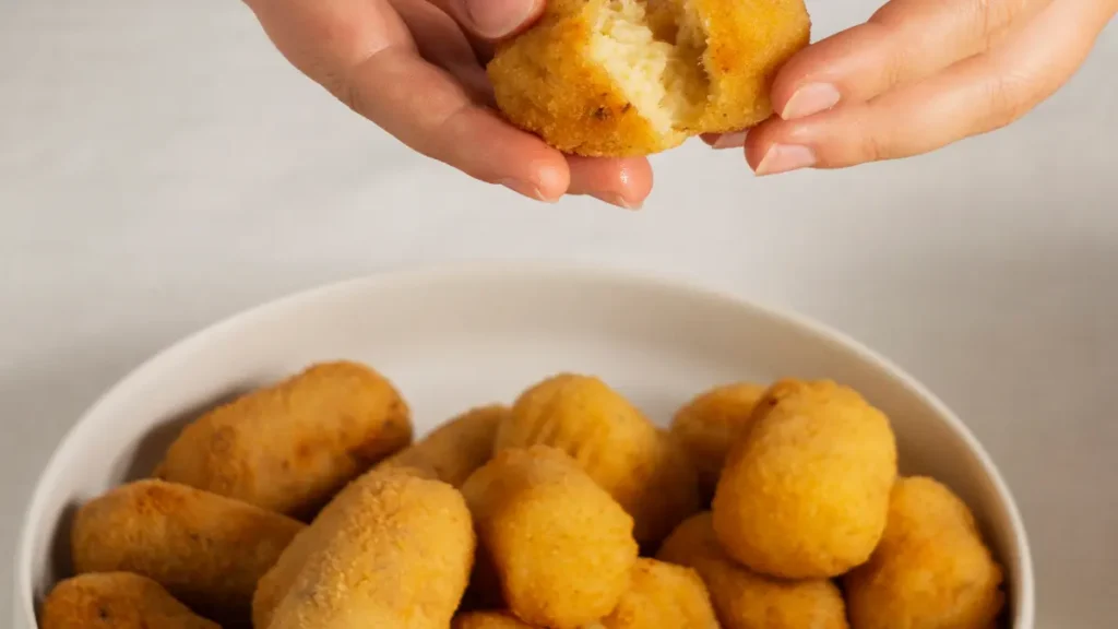 Mão de mulher abrindo bolinho de batata com outros dentro de travessa