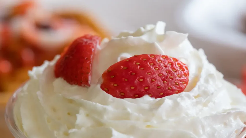 Merengue de morango visto de perto com dois pedaços de morango