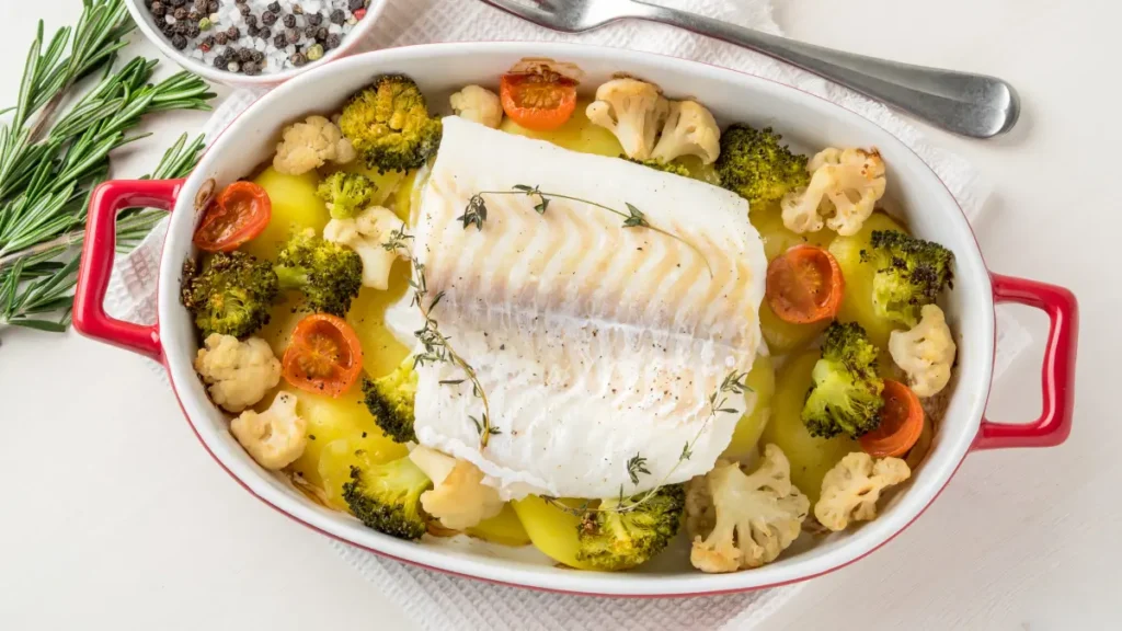 Bacalhau com legumes ao forno visto de cima em travessa branca com asas vermelhas