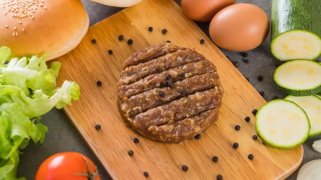 Carne de hambúrguer em tábua de madeira