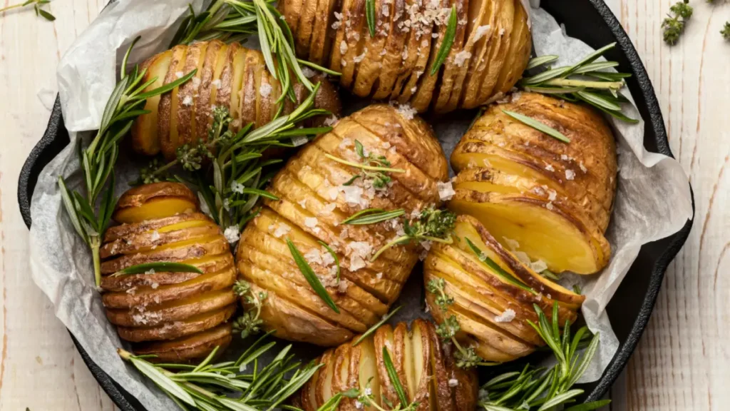 Mil folhas de batata servida em travessa preta com alecrim e sal