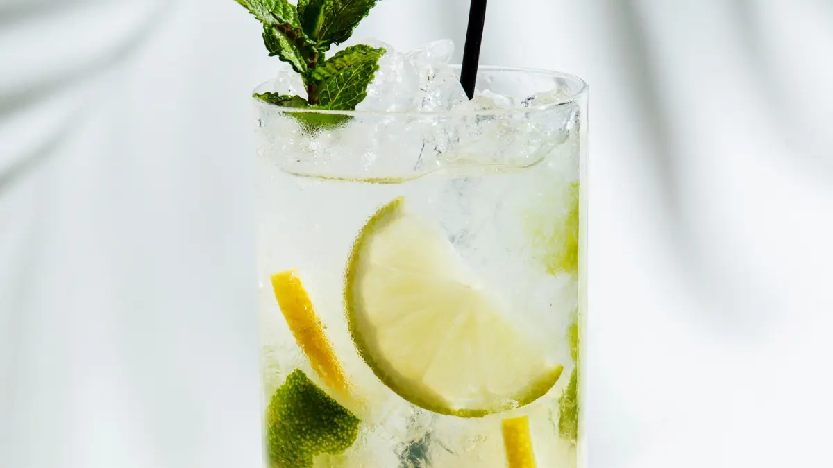 Gin tônica com limão em copo de vidro com gelo e canudo