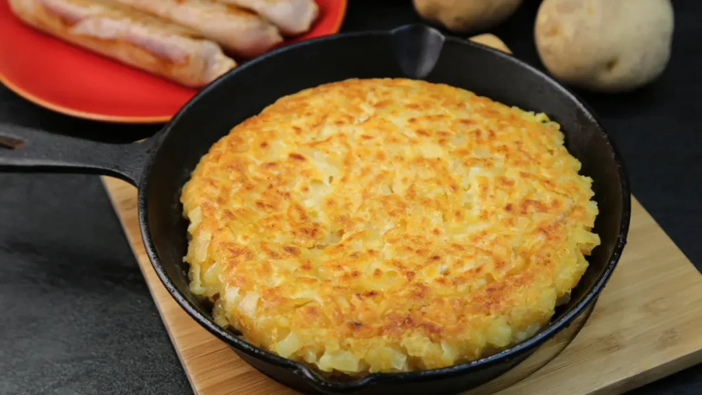 Batata rosti em panela de ferro fundido sobre tábua de madeira