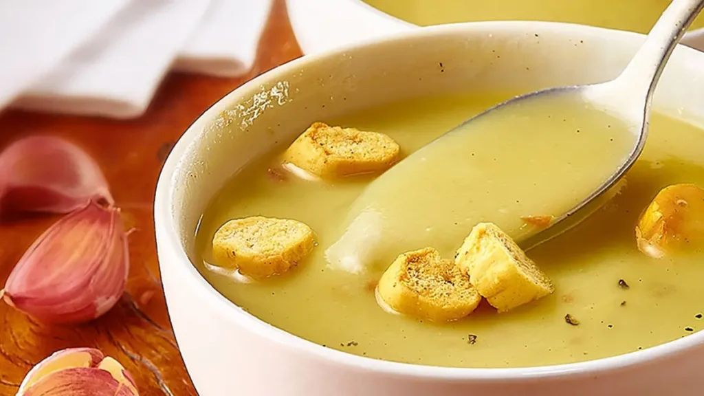 Sopa de ervilha servida em bowl de porcelana branca, com torradas de alho e orégano salpicado por cima.