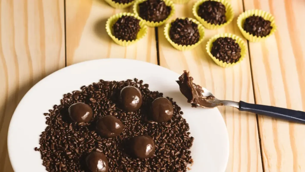 Brigadeiro de panela em cima de granulados no prato branco e colher na borda do prato