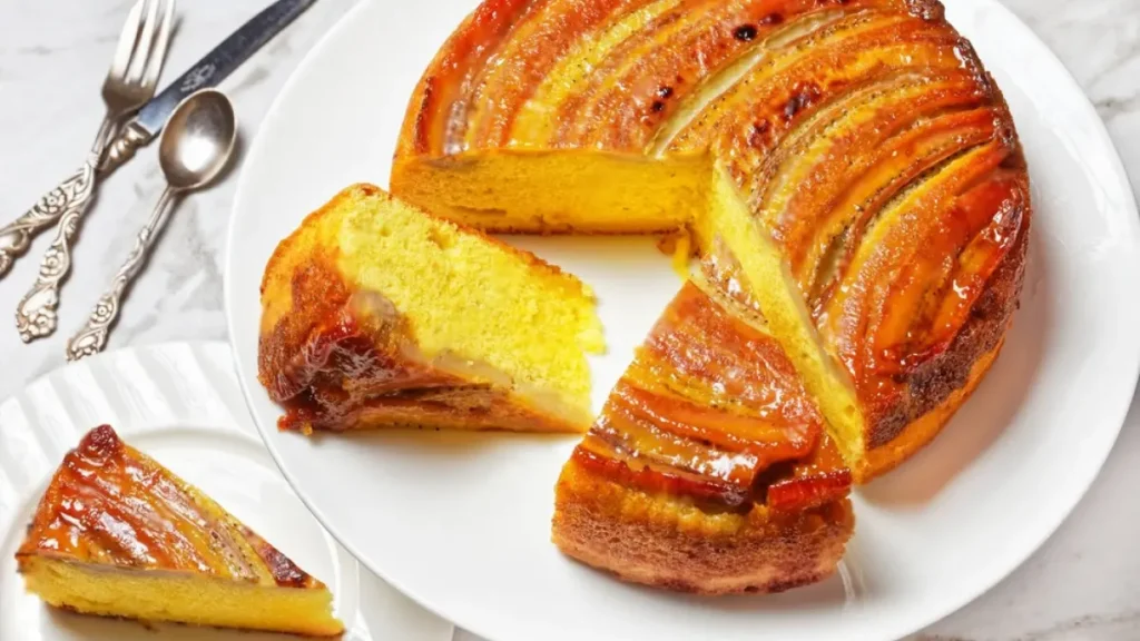 Bolo de banana caramelizada visto de cima em prato branco com duas fatias cortadas