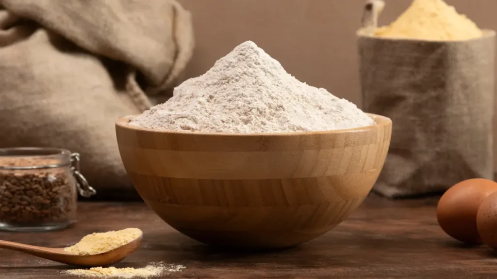 Farinha de arroz em tigela de madeira