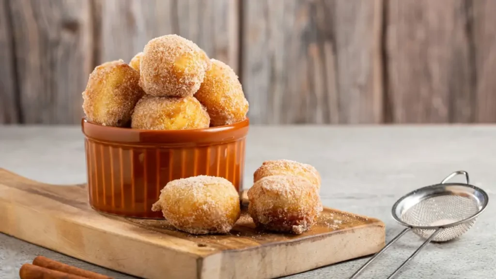 Bolinho de chuva com banana em pote marrom de porcelana em cima de tábua de madeira com bolinhos ao lado e peneira ao lado