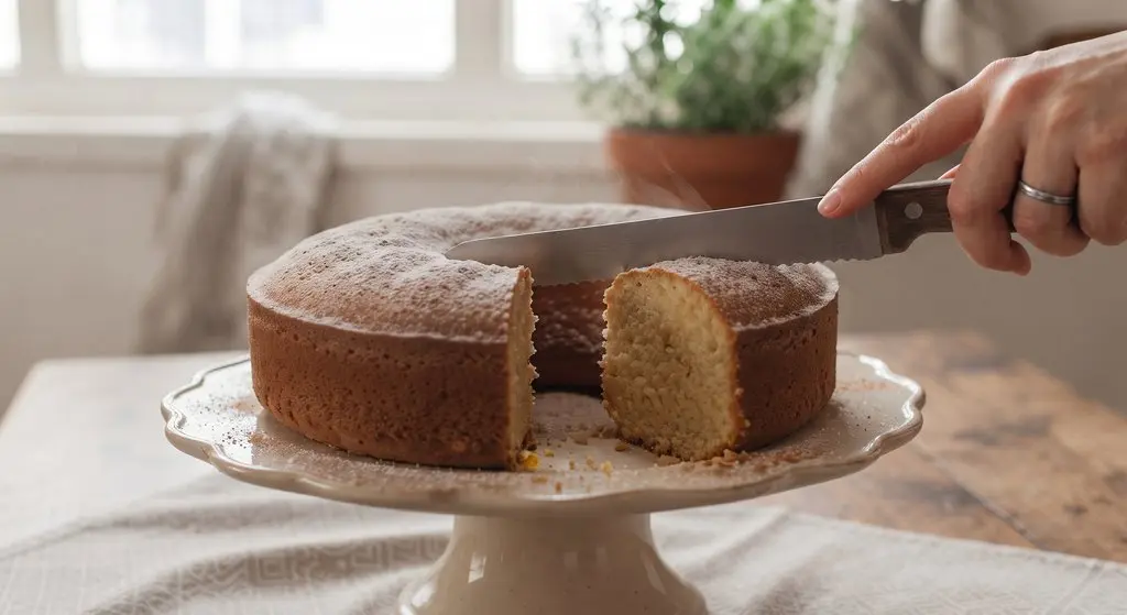 Bolo de pão, fofinho e saboroso, sendo fatiado pela cozinheira