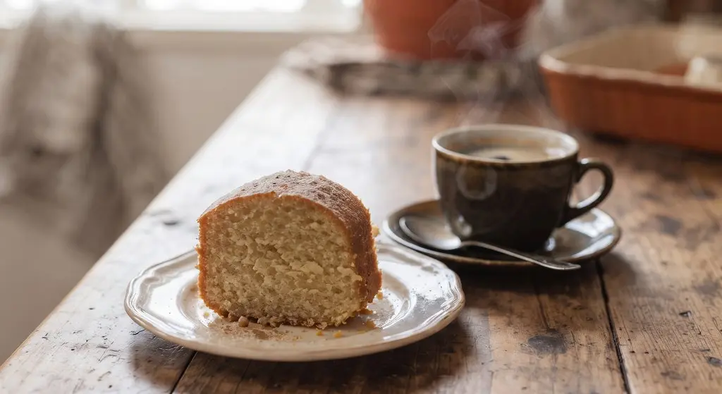 bolo de pão servido ao lado de uma xícara de café coado
