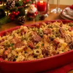 Farofa de natal com bacon, calabresa e azeitonas servida em um refratário vermelho.