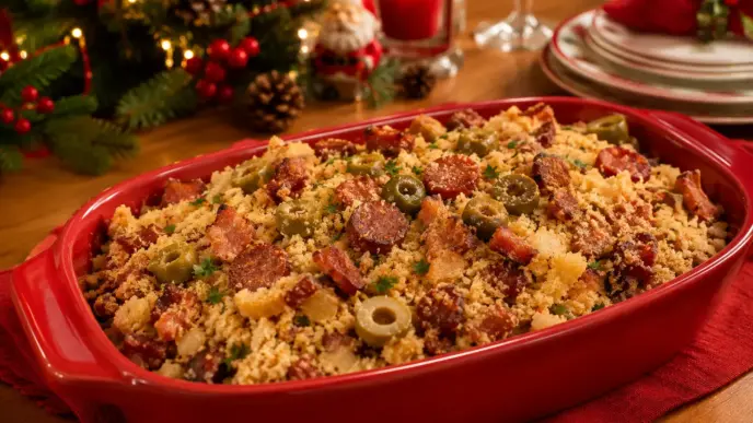 Farofa de natal com bacon, calabresa e azeitonas servida em um refratário vermelho.