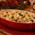 Arroz a grega de natal com ervilha, milho, cenoura e ervilhas