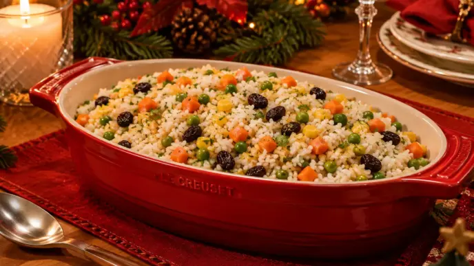 Arroz a grega de natal com ervilha, milho, cenoura e ervilhas