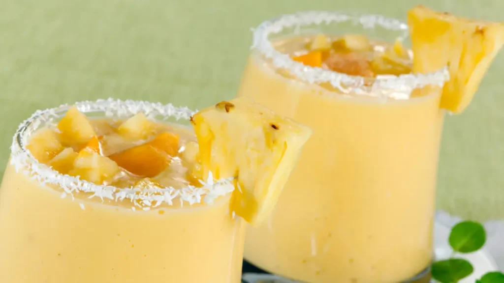 Gelado de abacaxi servido em taças de sobremesa com pedaços de abacaxi e decorados com coco ralado e fatia de abacaxi