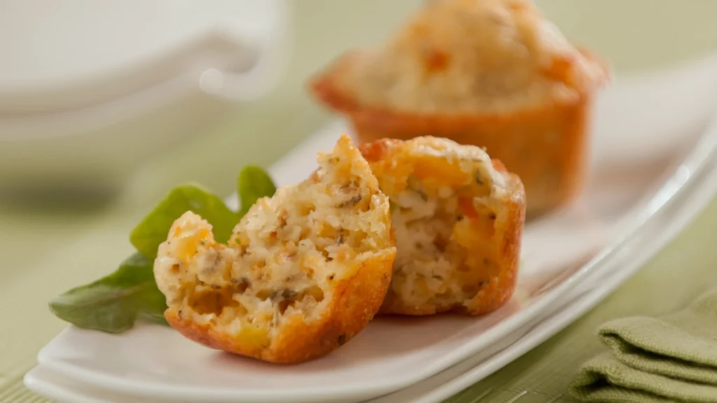 Bolinho de queijo em cima de um prato branco com toalha verde no fundo.