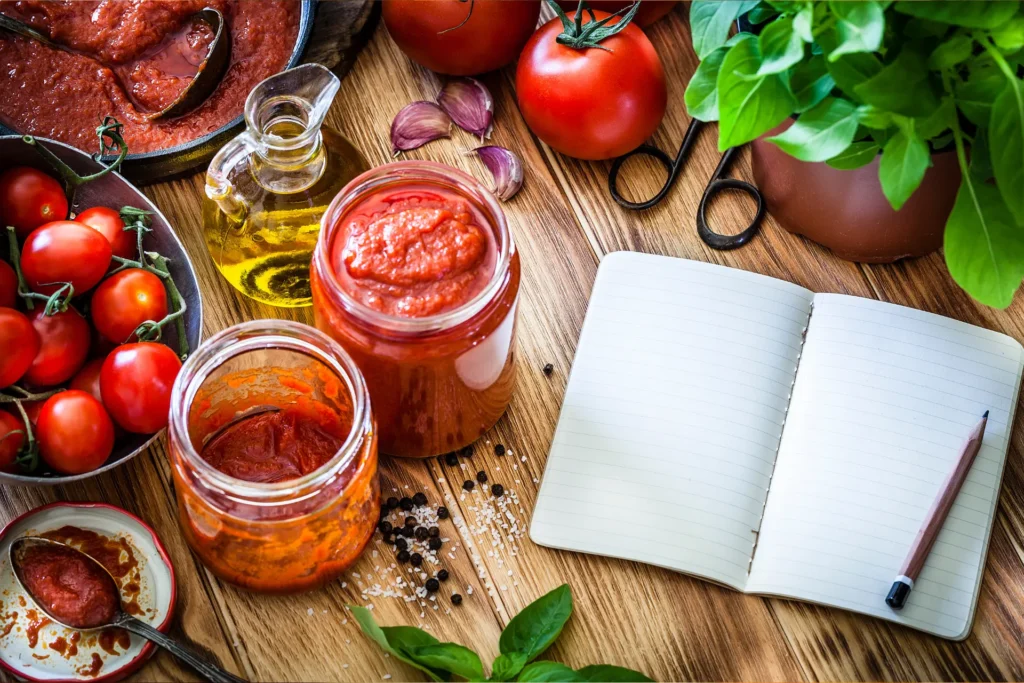 Um caderno, para anotar receitas fáceis para iniciantes, em cima de uma mesa ao lado de tomates, molho de tomate e azeite