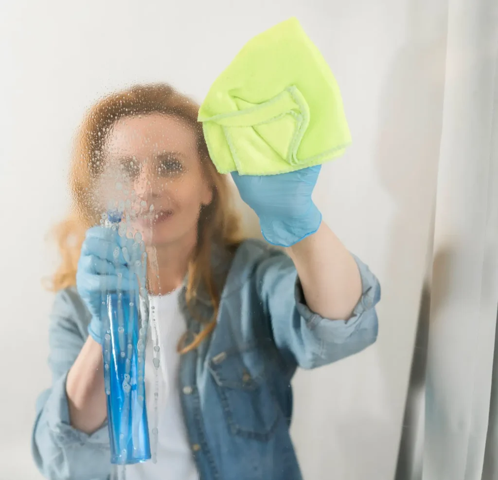 Mulher limpando o vidro com um pano amarelo e produto quimico em borrifador