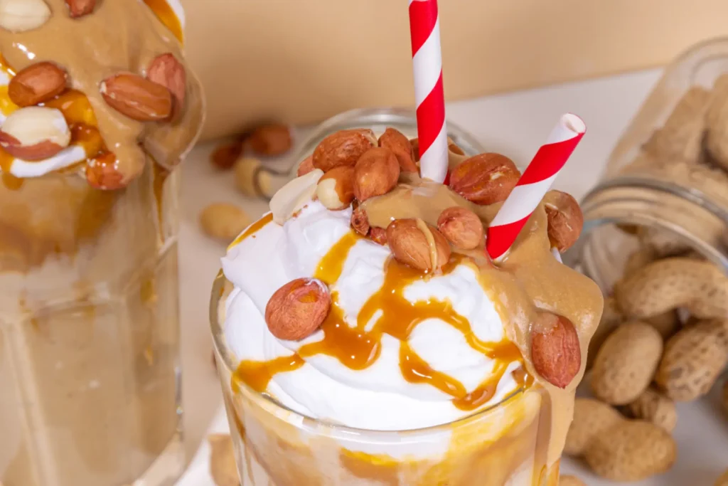 Milkshake de amendoim em copo de vidro, decorado com chantilly, calda de caramelo e grãos de amendoim. E canudo listrado de vermelho e branco.