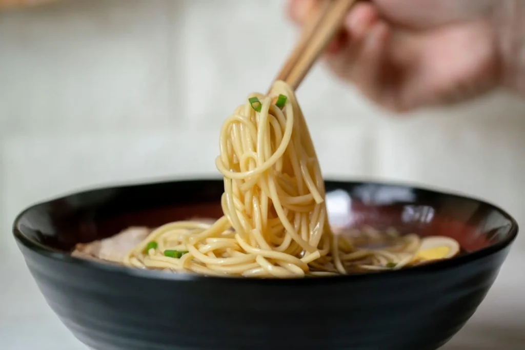 Sopa de macarrão servida em tigela preta.