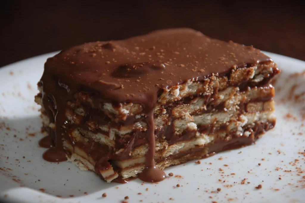 Pedaço de pavê de biscoito com calda de chocolate.