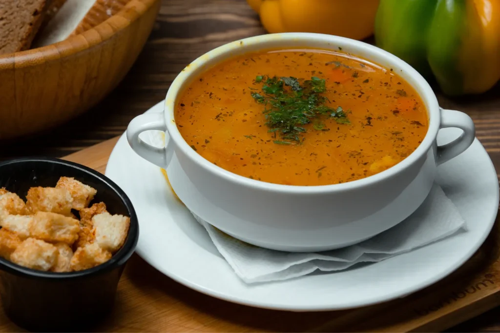 Caldo de mocotó com pedaços de torrada ao lado