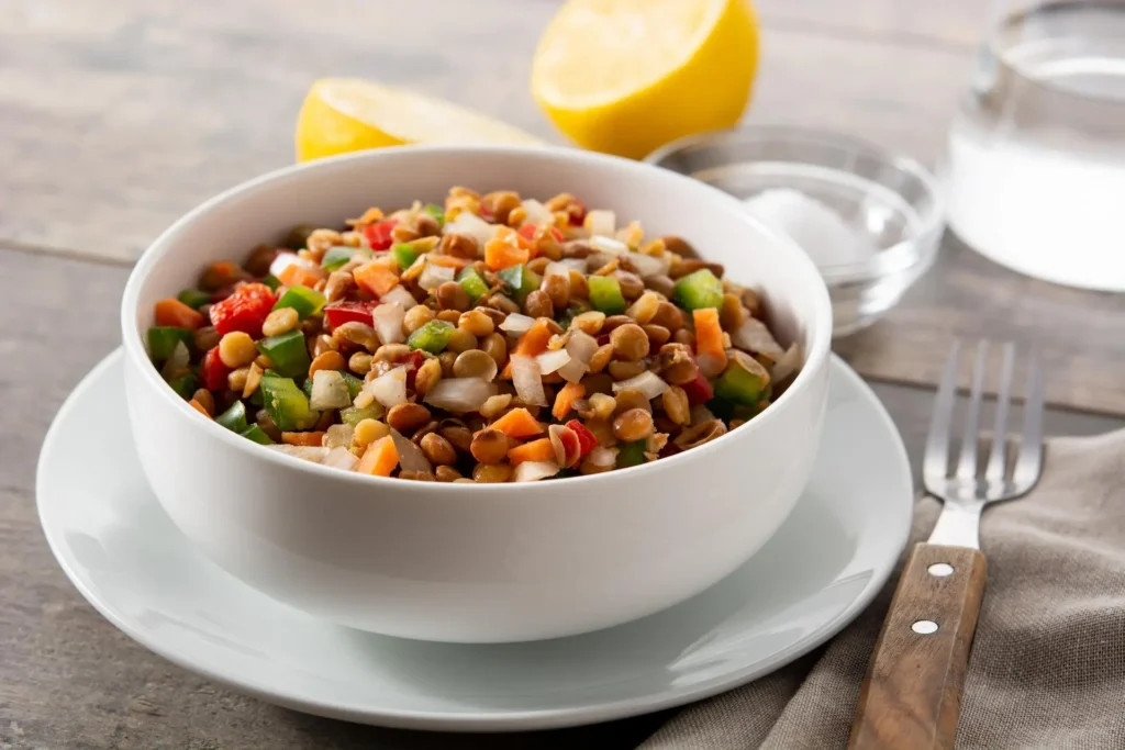 Salada de lentilha em pote branco de vidro