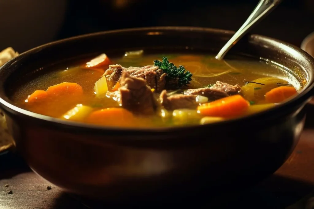 Caldo de carne servido em panela de cerâmica, com legumes e salsão