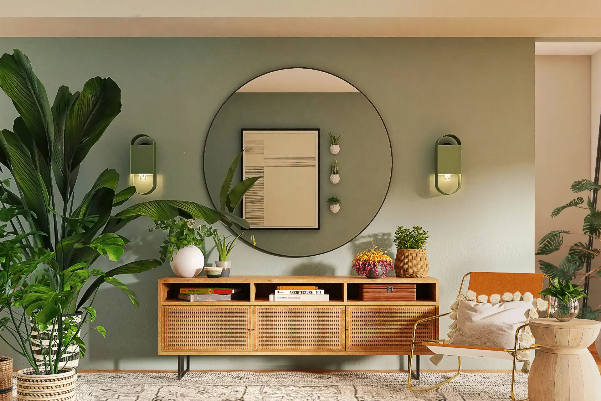 Sala decorada em estética orgânica com elementos naturais, espelho, tapete, móveis e vasos