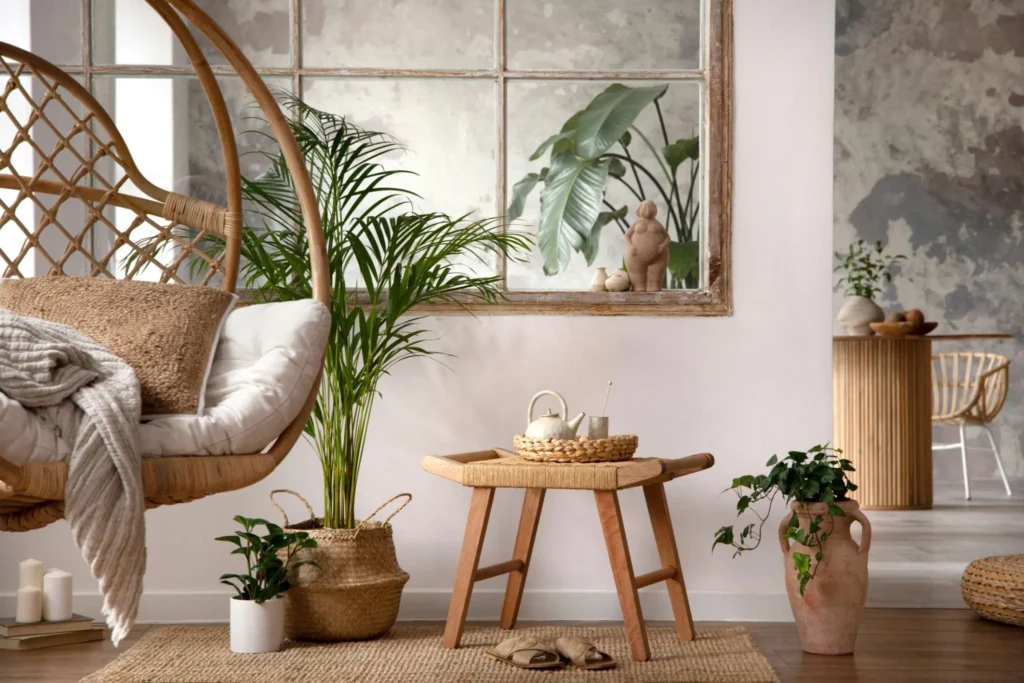 Sala decorada com plantas e elementos naturais como madeira, fibra e barro