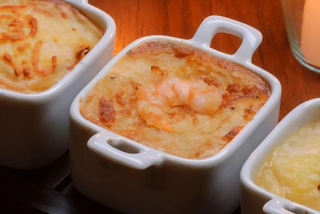 Escondidinho de camarão, com queijo gratinado por cima e camarão inteiro para decorar, servido em ramequim como porção individual