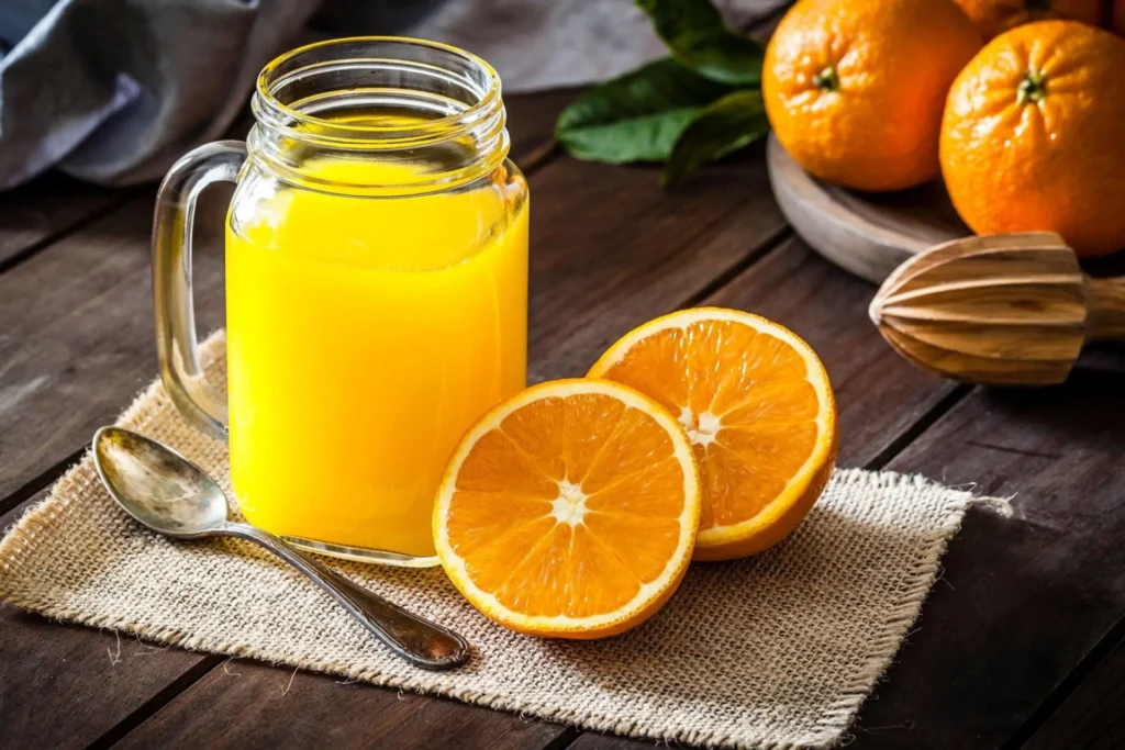 Suco de laranja em jarra e laranjas ao redor.