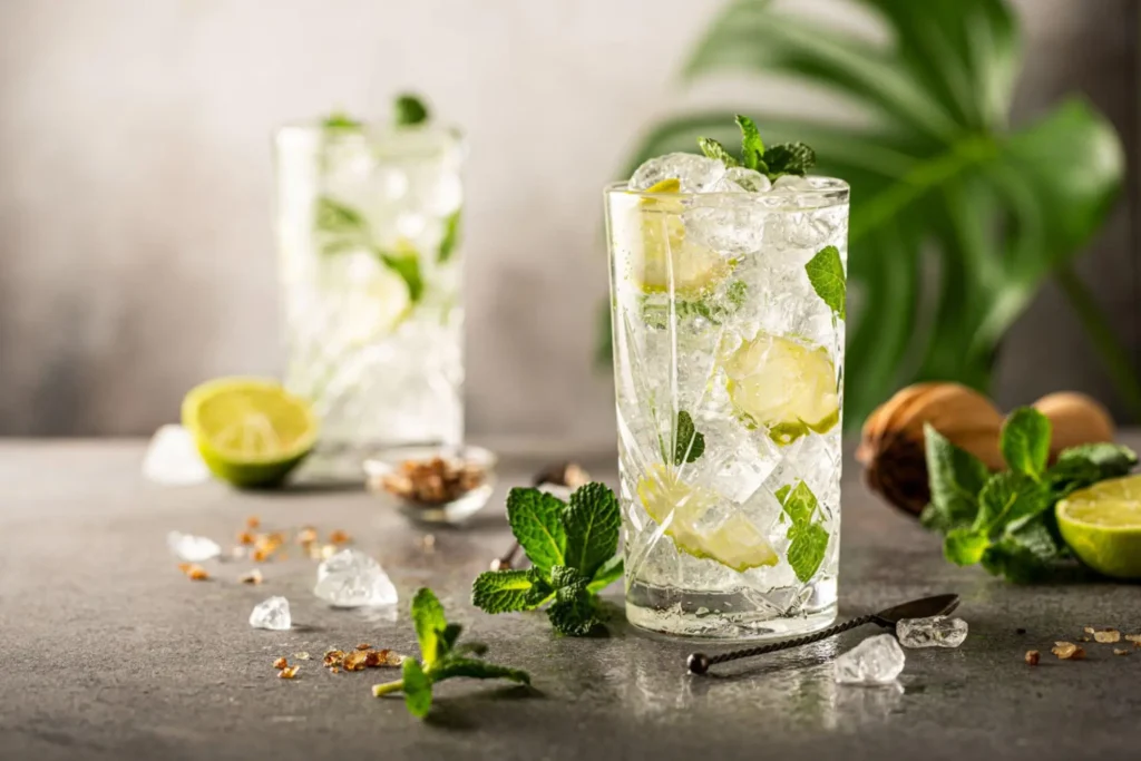 um copo de mojito com limões