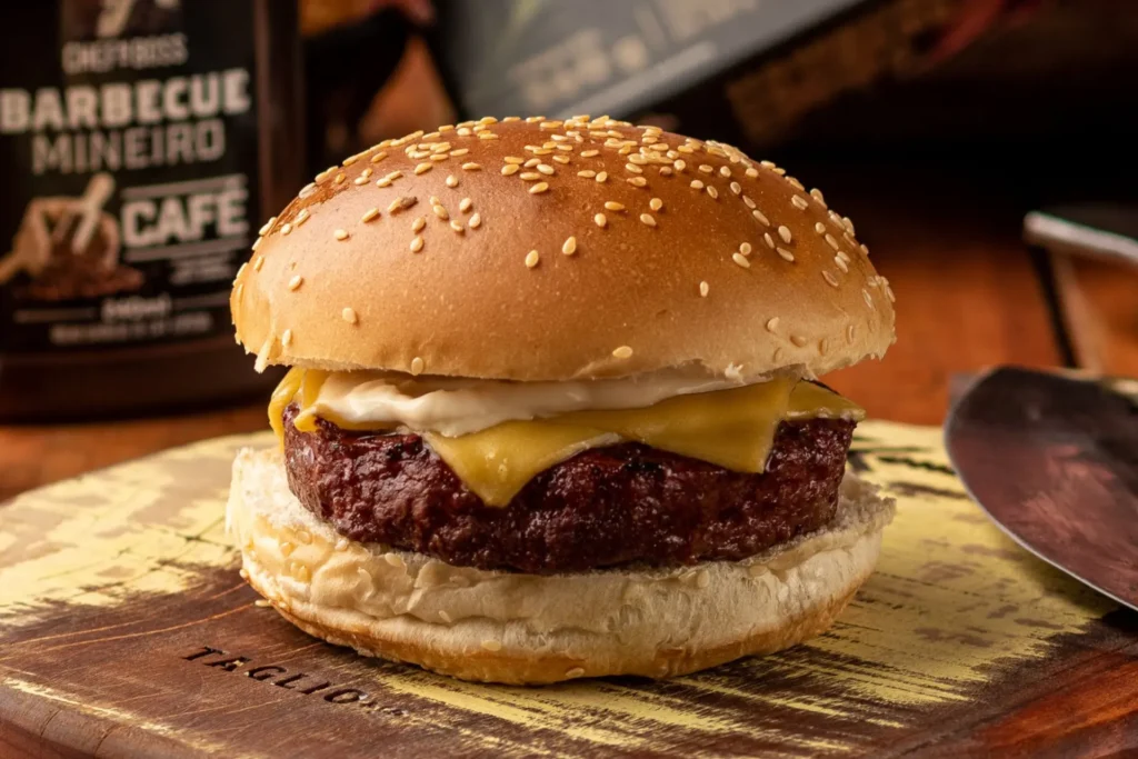 Pão de hamburguer sobre uma mesa com um pote de molho atrás.