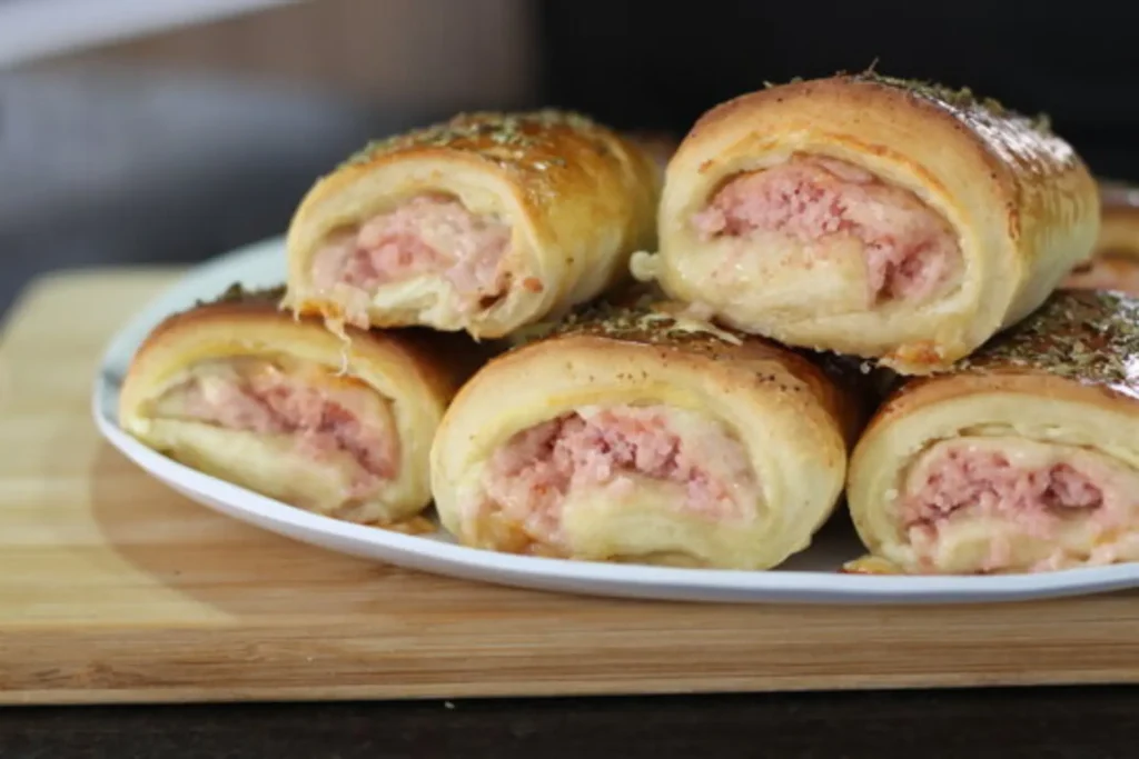 Joelho de presunto e queijo em um prato branco.