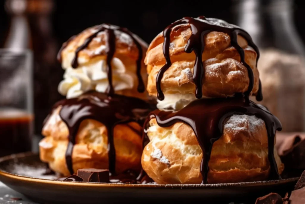 Profiteroles ou carolina servido em prato branco.