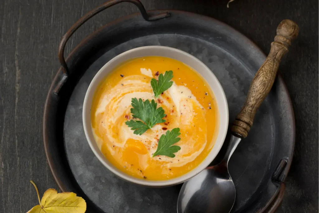 Sopa de abóbora com frango em pote branco.