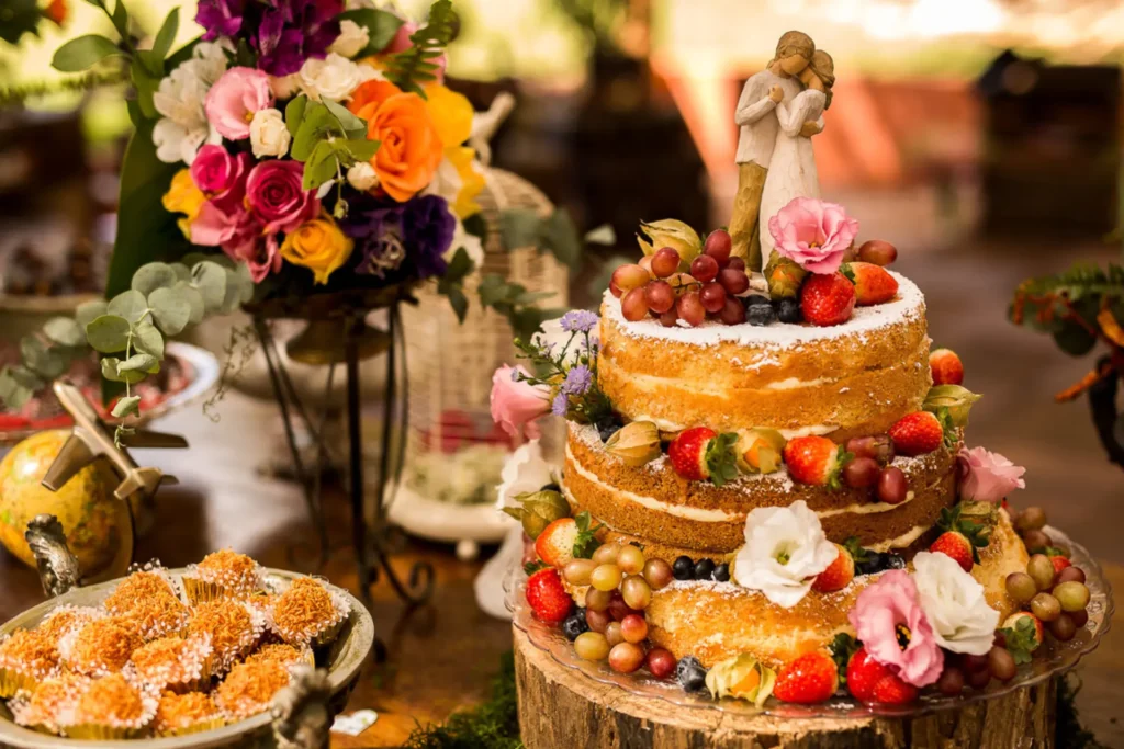 Elementos naturais no bolo de casamento.