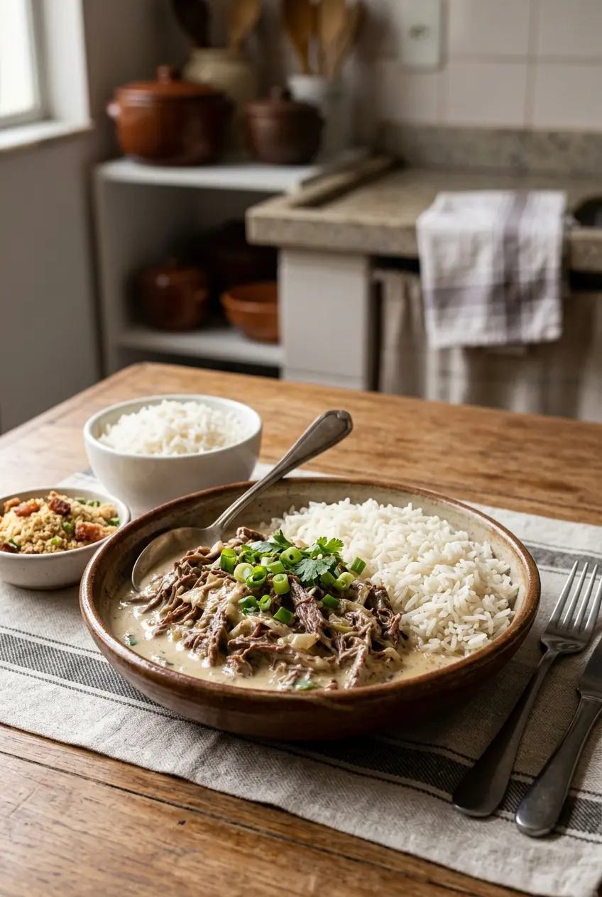 Prato de carne de sol na nata servido com arroz branco e farofa.