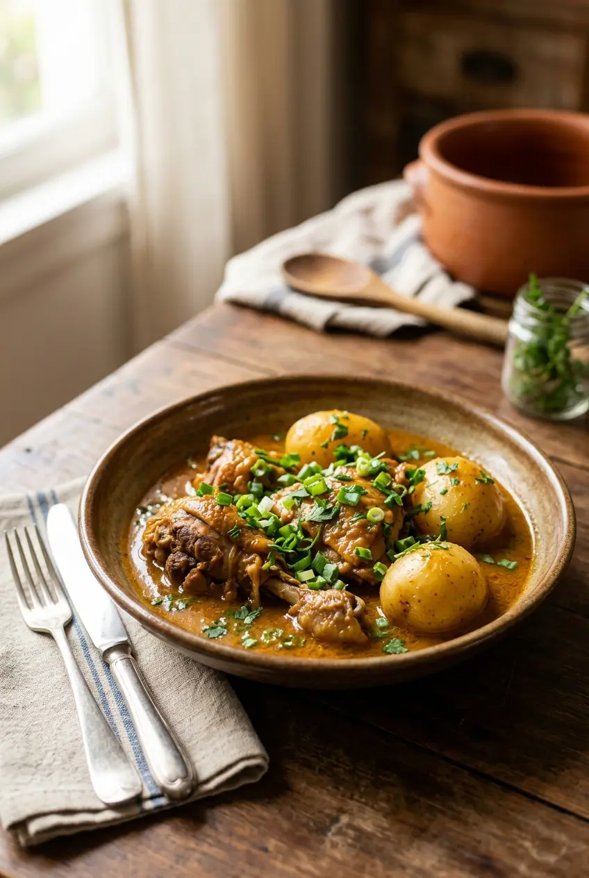 Prato fundo com galinha caipira ensopada, batatas inteiras com molho espesso e cheiro-verde picado por cima.