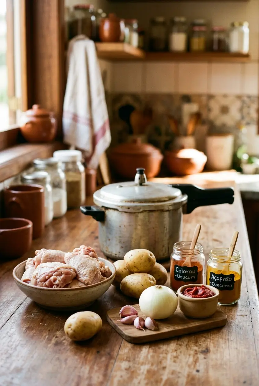 Bancada com os pedaços de galinha caipira limpos, batatas inteiras, alho, cebola, extrato de tomate e potes de colorau e açafrão.