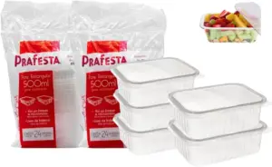 Kit Com 2 Potes Descartáveis, Prafesta 500 ml Retangular Com Tampa, Pacote 48 Unidades