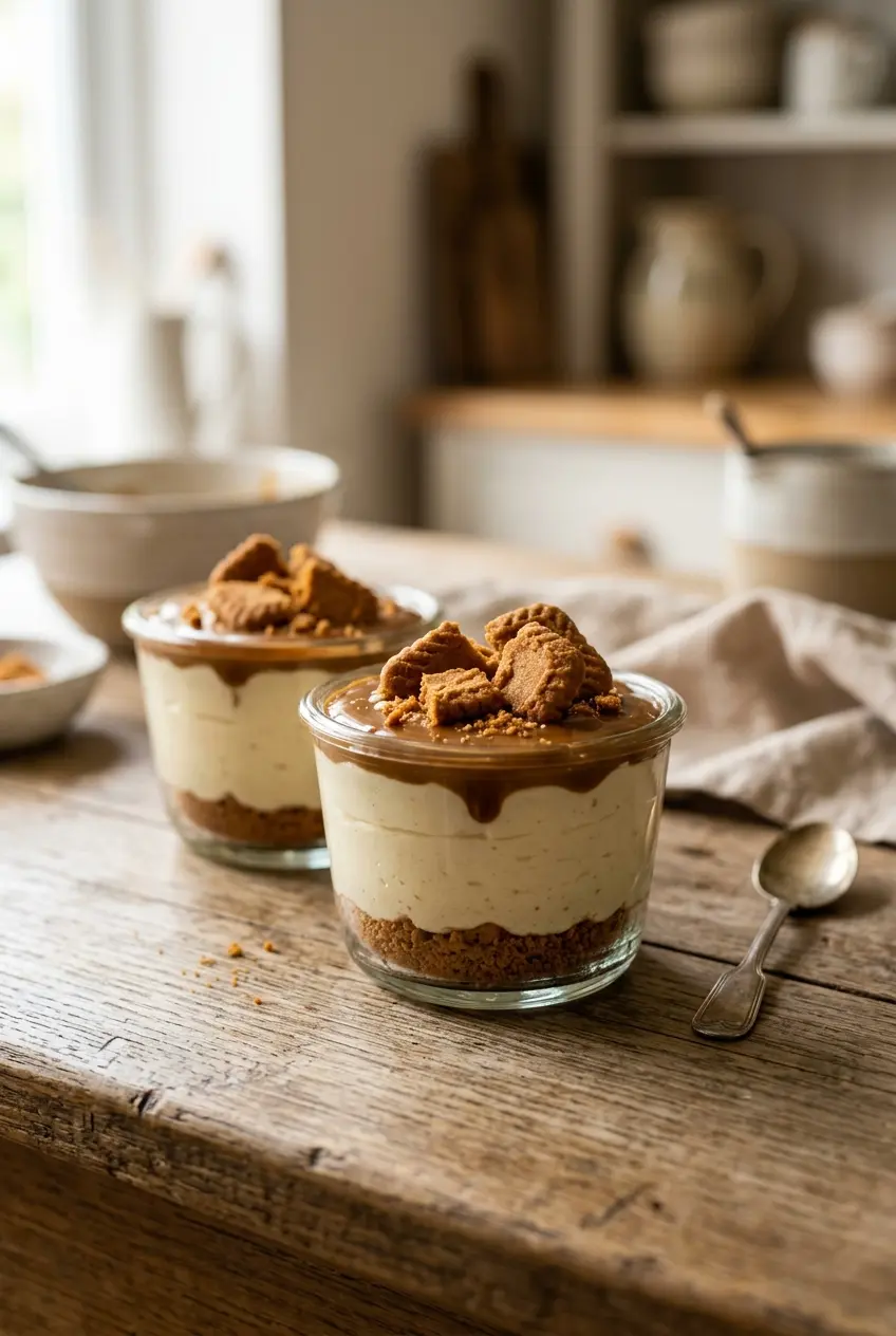 Taças individuais de cheesecake de biscoff finalizadas com a calda e pedaços de biscoito por cima