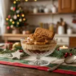 Cheesecake de biscoff servido em uma porção individual, numa tigela de cristal, sobre a mesa decorada de natal
