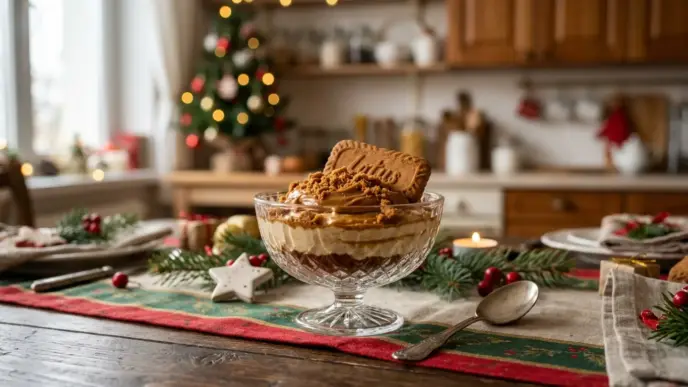 Cheesecake de biscoff servido em uma porção individual, numa tigela de cristal, sobre a mesa decorada de natal