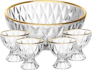 Conjunto 5 Peças Bowl e 4 Taças de Sobremesa Diamond com Fio de Ouro 1,1L/120ml Cristal – LYOR